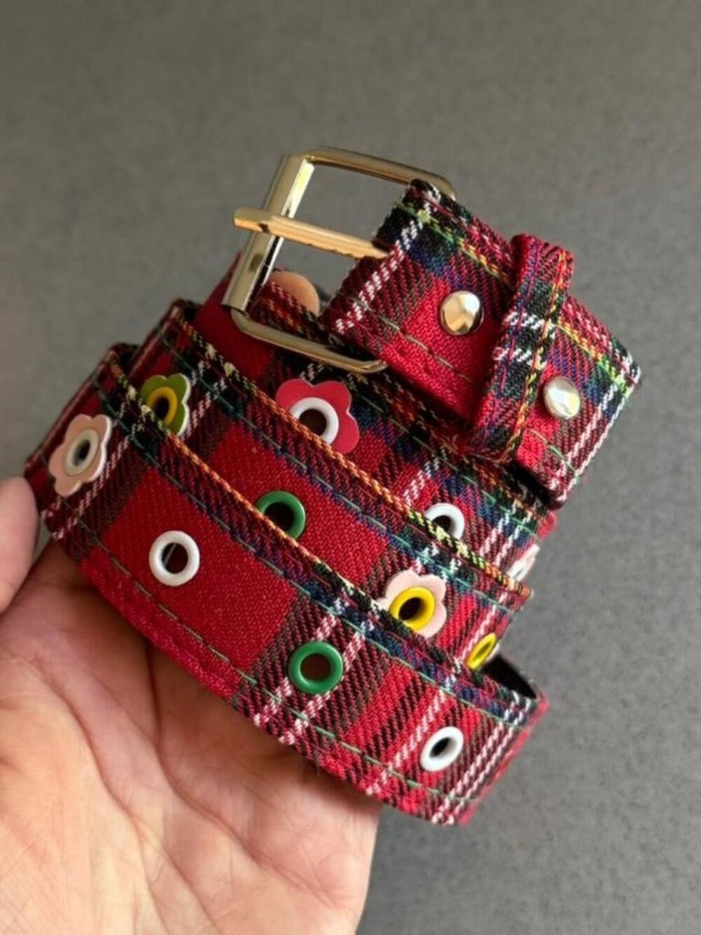 Red Tartan Plaid Grommet Buckle Belt